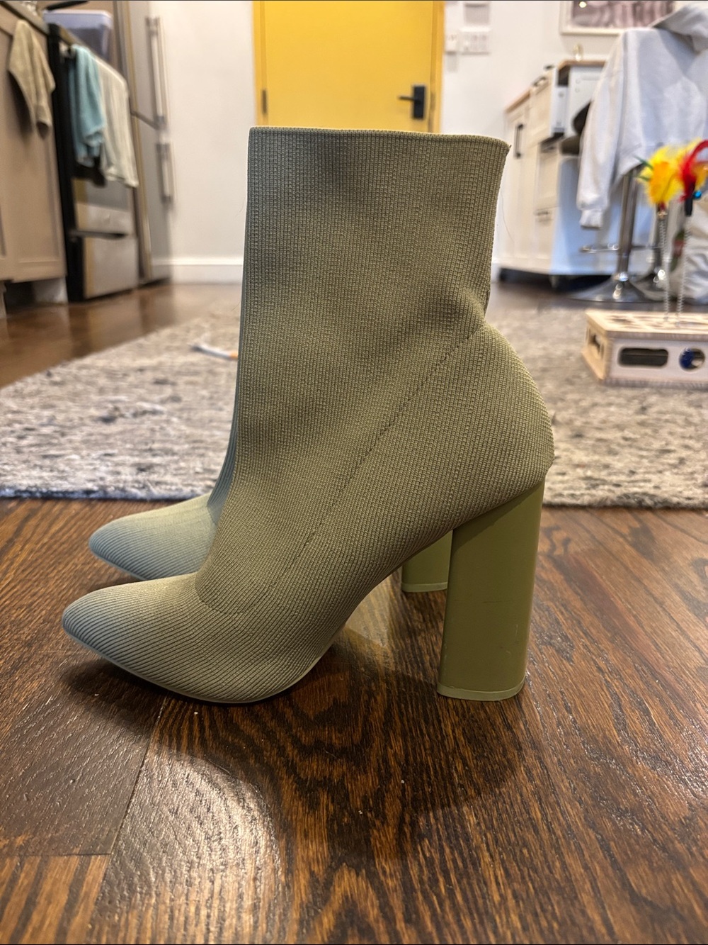 Women's Olive Green Sock Ankle Boot with Block Heel